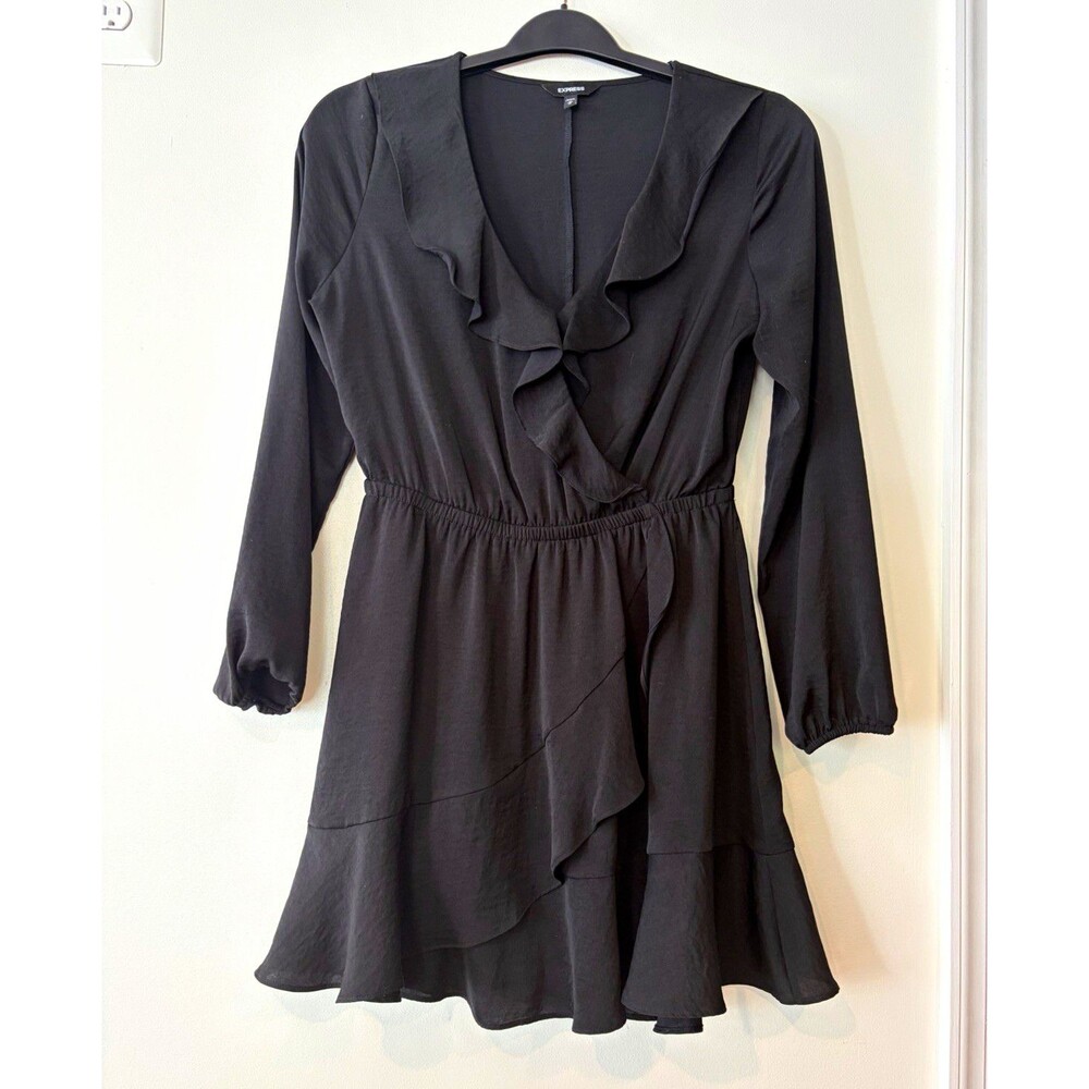Express Women’s Black Chiffon Ruffle V-Neck Long Sleeve Short Dress Size M